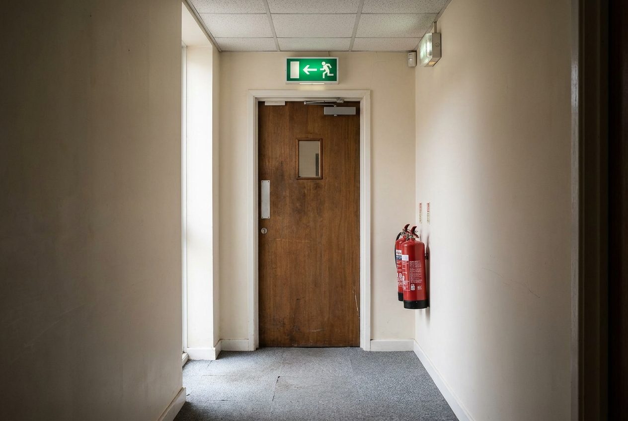 An empty office corridor ending in a wooden fire door with a closer, under a green exit sign showing a running figure and an arrow, with red fire extinguishers on the wall.